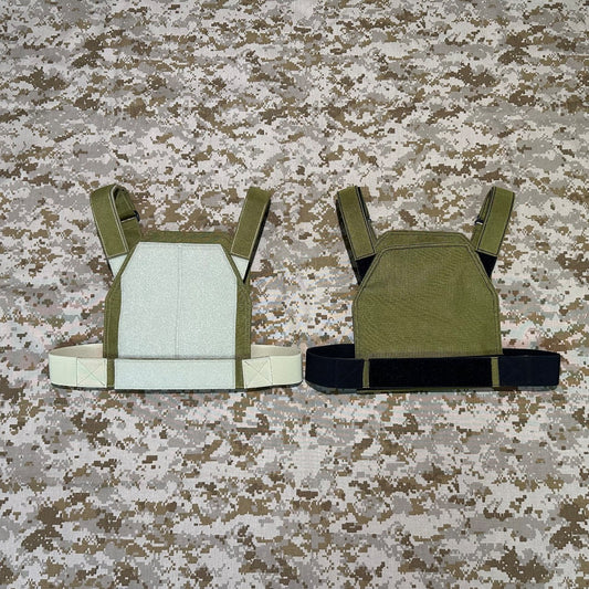 BKG DB-Style Low-Vis Chicken Plate Carrier shown on AOR1 digital camouflage fabric in front and rear views.