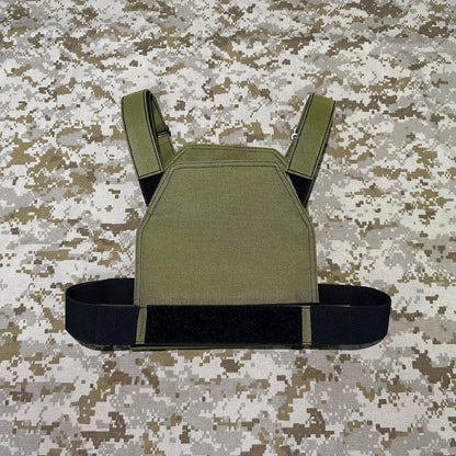 Rear view of the olive low-vis plate carrier with a black waist band on AOR1 digital camouflage fabric.