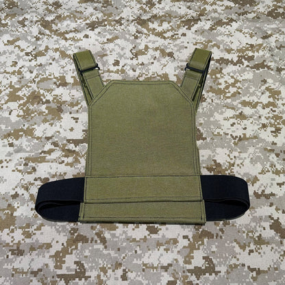 Rear view of the olive BKG DB-Style Low-Vis Chicken Plate Carrier showing adjustable shoulder straps and a black waist band on camouflage fabric.